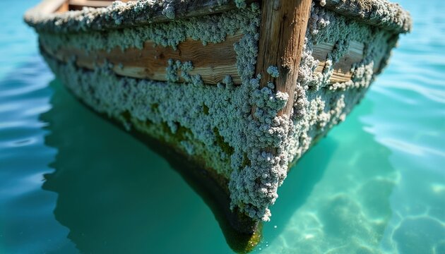 Old wooden boat hull covered in barnacles floats in clear blue water. Marine growth covers ship bottom showing texture. Nature impacts old vessel surface.