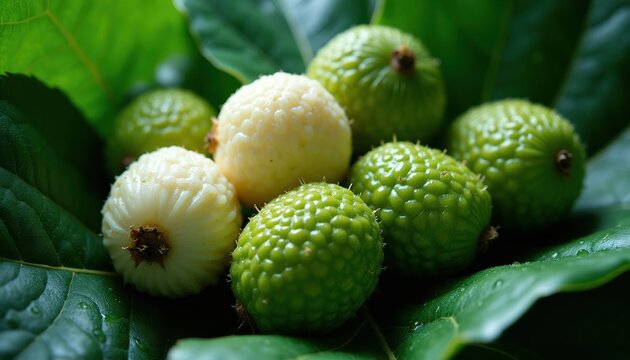 Close-up of ripe and unripe noni fruits among lush green leaves. Water droplets on leaves suggest freshness. Fruits show textured bumpy skin. Diverse colors green and white shown.