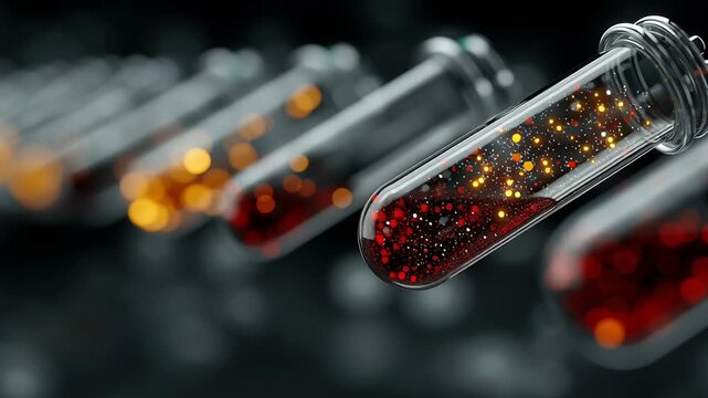 Oil stocks market concept with glowing liquid particles inside transparent test tubes representing energy investment and futuristic financial trends