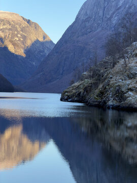 Winterday by the fjord in Gudvangen Norway