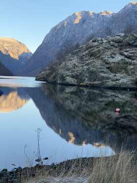 Winterday by the fjord in Gudvangen Norway