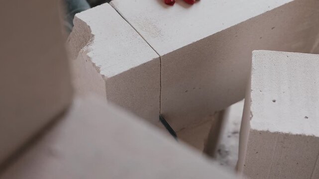 Cutting aerated concrete block with saw during construction close up
