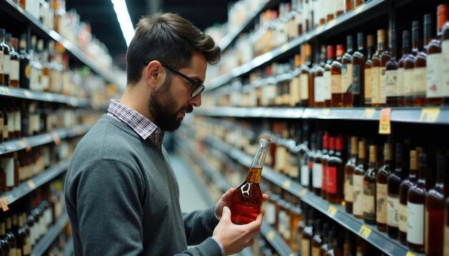 Man looks at bottle of amber liquid on shelf in liquor store. He examines alcohol brands amongst many choices on display. Male shopper decides what to buy.