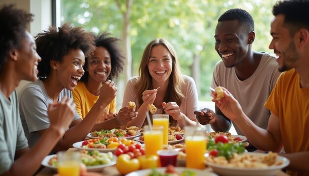 Diverse group of friends laughing while sharing meal at table. People enjoy food, conversation, togetherness, good vibes. Casual indoor gathering with healthy snacks and drinks.