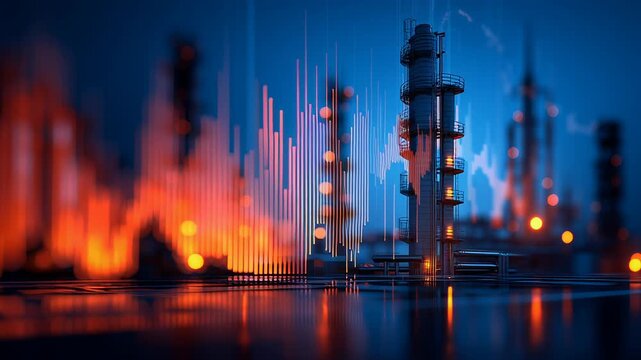 Oil refinery tower glowing lights abstract stock market graph overlay showing market trends fluctuations energy industry oil stocks market refinery