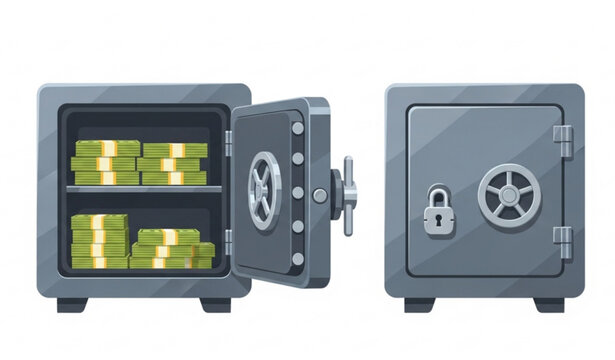 Open and closed iron safe with money bank vault security concept cartoon vector illustration isolated on white