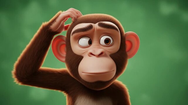 Thoughtful 3D monkey character scratching head while thinking on a green background.