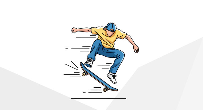 Skateboarder goes for a thrilling trick on a sunny day outdoors