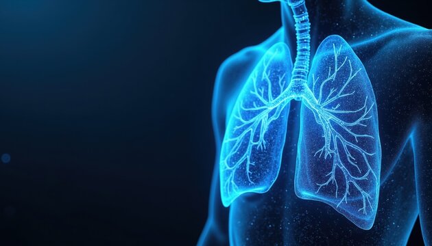 Digital human lungs anatomy glowing blue on black background. Shows respiratory system structure with airways and bronchioles. Medical science and healthcare concept for breathing.