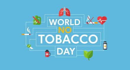 Fototapeta premium World No Tobacco Day with health icons illustrating negative impacts, infographic on light blue background, smoking risks.