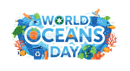 Fototapeta premium World Oceans Day banner with marine life, plastic pollution, and recycling symbols in a blue ocean environment.