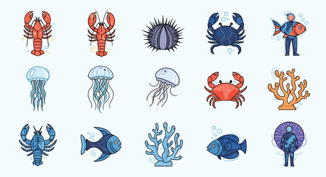 Marine life icon set featuring diverse underwater creatures such as lobsters crabs jellyfish fish sea urchins and coral structures in vector style.