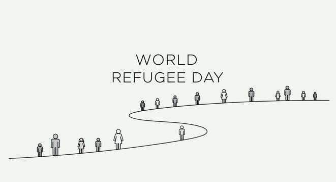 Minimalist silhouettes of people walking on a curved path, symbolizing the journey of refugees on World Refugee Day, on an isolated white background.