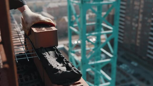 Placing brick onto mortar on wall with background crane structure close up