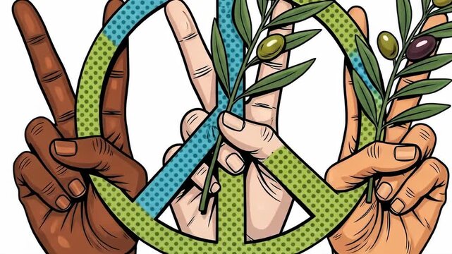 Hands hold peace sign with olive branch in cartoon style on white background