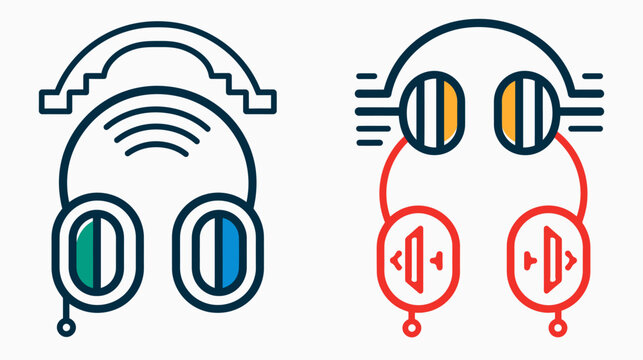 Two graphical representations of headphones.  One with a cable, one with volume controls
