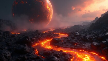 Fototapeta premium Alien planet landscape with glowing lava rivers flowing through barren volcanic rock. Large fiery celestial body hangs in smoky orange sky with distant moon.