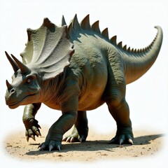 Fototapeta premium Green armored Ankylosaurus dinosaur with horns, spiked tail walks on sand. Prehistoric reptile with textured skin, scales moves slowly. Extinct quadrupedal herbivore defends itself with its club.