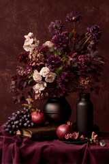 Fototapeta premium vertical still life mockup with elegant autumn flowers with pomegranate, grapes and vases and deep burgundy tones, floral composition, luxury abundance