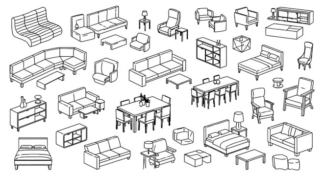 Comprehensive Collection of Architectural Furniture for AutoCAD 2D Floor Plans Featuring Sofa and Couch, Beds, and Table Icons for Professional Interior Design