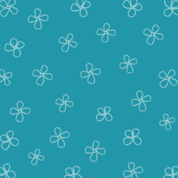 北欧風ミニマルな手描き花ラインのシームレスパターン（ブルー&times;生成り）：やわらかな線で描いた花をランダムに配置し、爽やかで涼しげな印象に仕上げた、夏向けデザイン。エコバッグやポーチ、スカーフ, ミニタオル, 文具、ビニールバッグ 箸, 茶碗, マグカップなど幅広い用途に適用可能。ナチュラル・オーガニック志向におすすめの背景素材。