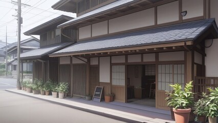 Fototapeta premium Japanese Wooden House Exterior on Quiet Street