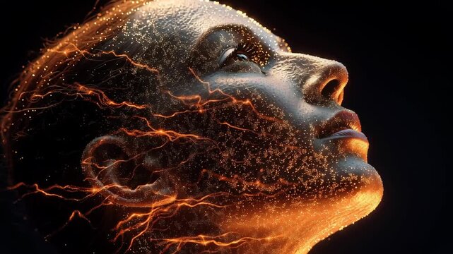 Close up futuristic humanoid face glowing orange electric lines particles dark background advanced technology energy flow abstract light