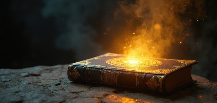 Old spell book opens, golden light and magic particles erupt. Ancient tome on stone emits mystical glow. Fantasy story, hidden wisdom, arcane knowledge, ancient secrets revealed.