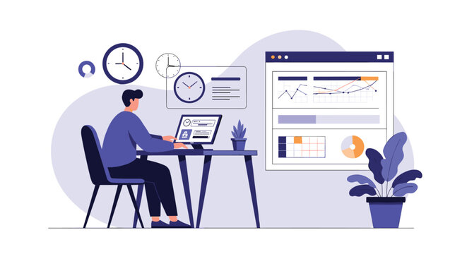 Data analyst or business manager working at a desk with multiple digital screens showing charts and time management.