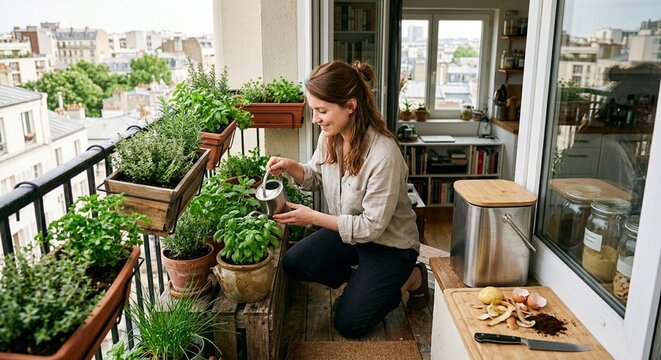 Apartment dweller managing a balcony herb garden beside a kitchen compost setup