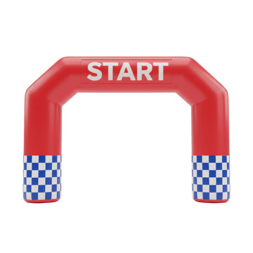 Large red inflatable race archway with blue and white checkered patterns and white start text on a white background concept of sporting event excitement