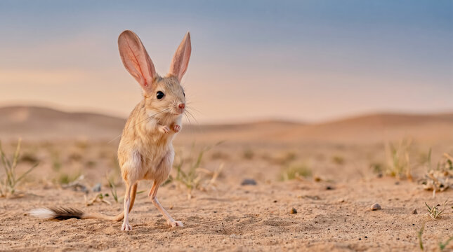 Long eared jerboa standing in desert at sunset