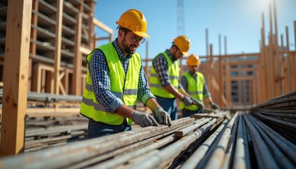 Fototapeta premium Construction workers wearing hard hats, safety vests organize steel rebar bundles. Builders prepare materials for concrete structure on high rise building site. Team works together at framework