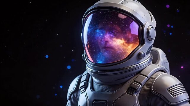 Astronaut in space suit with galaxy reflection