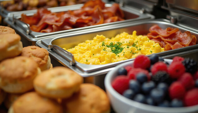 Assortment of breakfast foods including scrambled eggs, bacon, biscuits, and fresh berries. Self service buffet with variety of morning meal options in hotel or restaurant.