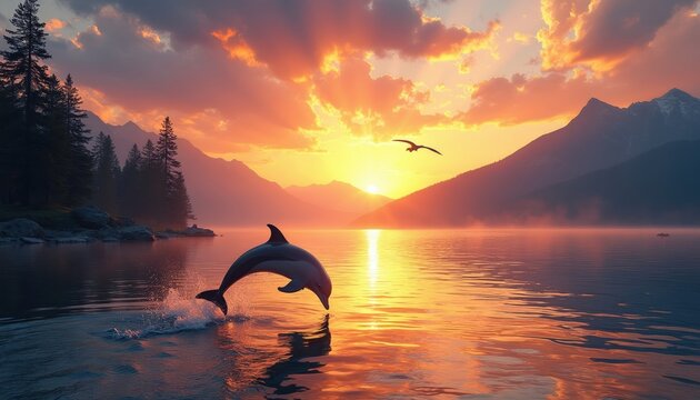 Dolphin leaps from calm lake water at sunset. Mountains and pine trees frame scenic ocean bay. Bird flies above bright sky during golden hour.