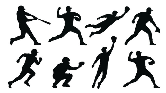 Dynamic Baseball Player Silhouettes in Various Game Actions Set