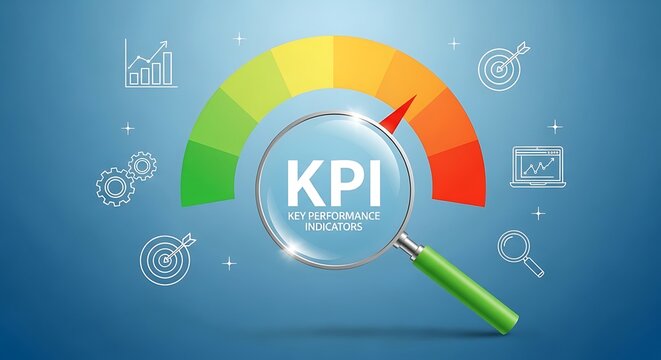 Key performance indicators concept with magnifying glass on speedometer gauge measuring business growth and success.