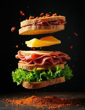 Deconstructed sandwich with meat cheese and lettuce appears to float in air. Chili flakes and crumbs add spice. Dark background adds dramatic focus.