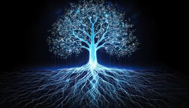 Glowing Tree of Life with Roots and Branches.