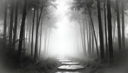 Stone path winds through misty bamboo forest. Tall green stalks create atmospheric alleyway. Light shines from end of lane. Nature scene, art illustration.