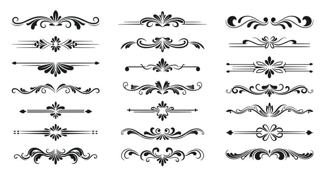 Set of black decorative dividers and floral ornaments features elegant flourishes for formal document design and headers.
