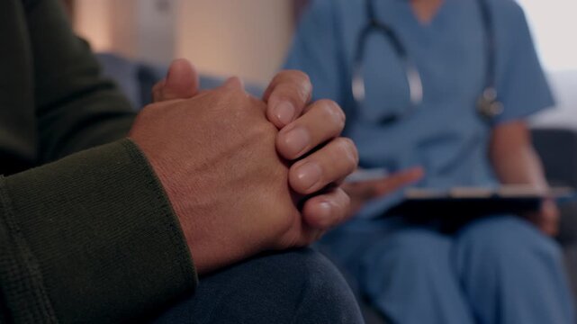 Nurse patient therapy counseling mental health support anxiety consultation clinic, close up hands clasped during nurse counseling session, supportive healthcare comfort empathy in clinic room