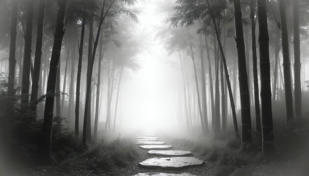 Stone path winds through misty bamboo forest. Tall green stalks create atmospheric alleyway. Light shines from end of lane. Nature scene, art illustration.