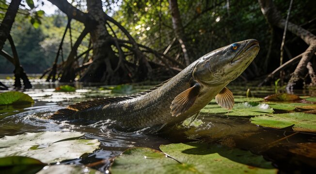 Giant Snakehead Fish Breaching Surface in Tropical Mangrove Swamp with Water Lilies
