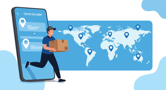 Courier steps out of a giant smartphone screen to deliver a package across a world map with global tracking markers.