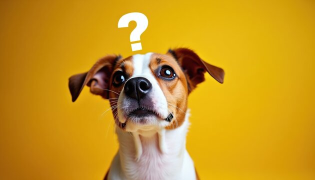 Dog head tilt with question mark above. Curious brown and white dog face on yellow background. Canine asks question thinking. Copy space for text.