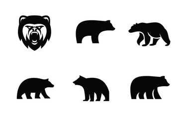 Fototapeta premium Bear Logo and Silhouette Icons Set: Roaring Grizzly Head and Walking Animal Illustrations