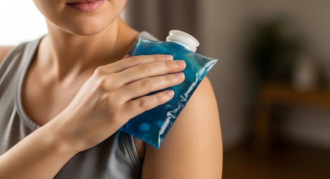 Woman Applying Ice Pack on Shoulder for Pain Relief and Injury Recovery