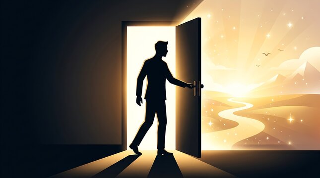Man stepping through open door to bright sunny landscape with hills and birds flying